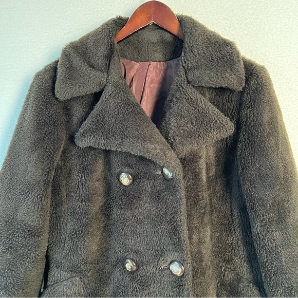 Vintage Faux Fur Montgomery Ward fuzzy lined button up coat black thick jacket - Picture 2 of 16